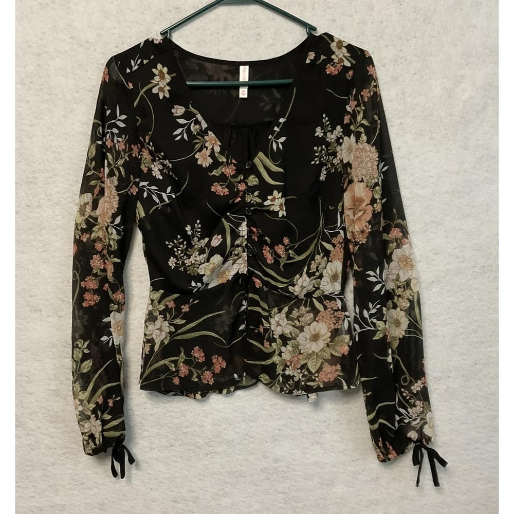 Xhilaration Blouse Womens XS Black Floral Long‎ Sleeve Sheer Button Front